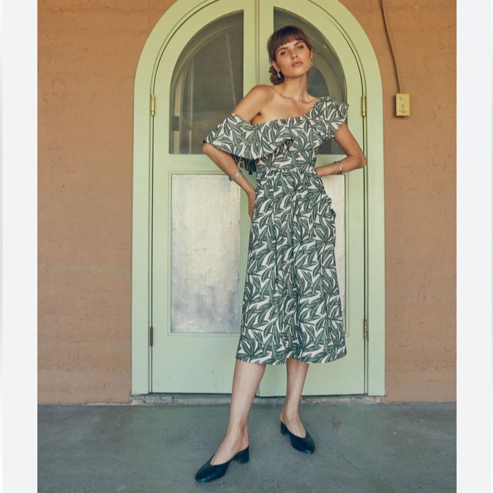 WHIT Leaf-print One-Shouldered Ruffled Midi Sundress 2 NWOT